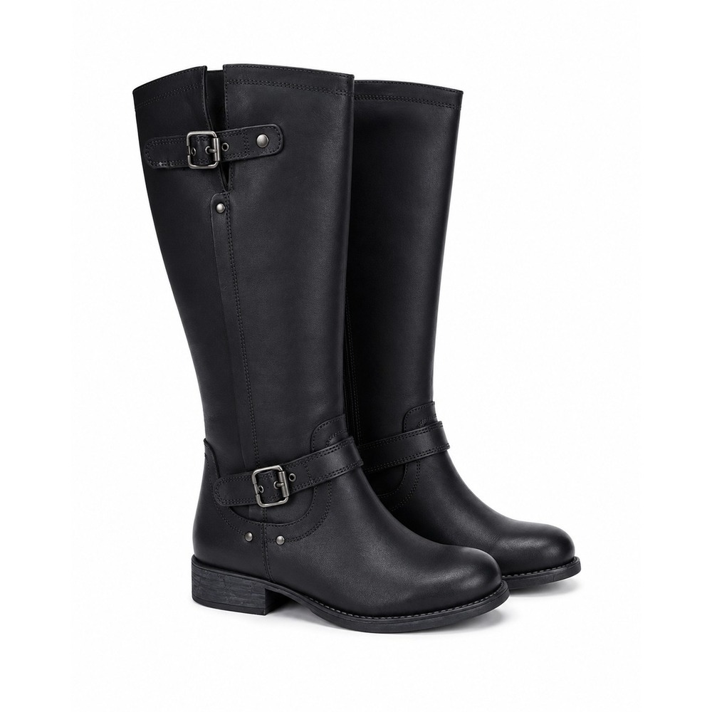 Women Black Leather Riding Boot EU 40 Buckle Knee High Moto Portugal NWOB W9-9.5